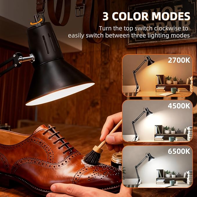Black Dimmable Desk Lamp with Clamp, Extra-Tall Adjustable Swing Arm | Manicurist Table Lamp for Nail Work, Drafting, Sewing, Crafting, Home Office, 3 Color Temperatures, A19 Bulb Included