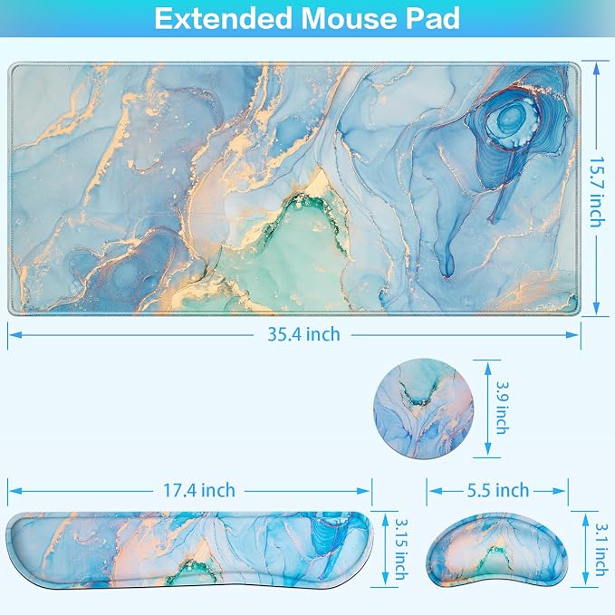 4 in1 Desk Mat Blue, Large Gaming Mouse Pad with Wrist Rest, | XXL Mousepad+Keyboard Wrist Rest+Mouse Pad Wrist Support+Cup Coaster Ergonomic Computer Desk Arm Wrist for Decor Office Women