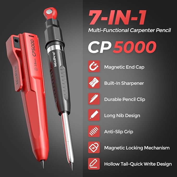 Nicpro CP5000 Magnetic Carpenter Pencils with Sharpener and Holster, 1 Pack | 2.8mm Construction Pencil+10 Refills, Deep Hole Marker for Construction, Woodworking Pencils with Strong Magnet Pickup Cap