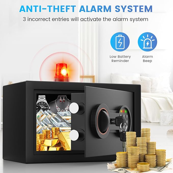 Small Safe for Home, 6.69"H Safe Box with Fireproof Waterproof Bag | Money Safe with Alarm System, Sensor LED Light, Wall/Floor Mountable, Hidden Safes for for College Dorm Room