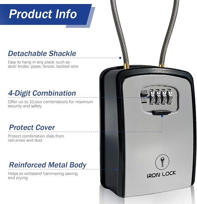 Iron Lock® XXL Portable Key Lock Box, 15in Steel Cable, Code (XXL, Grey) | Holds 20-30 keys + car fobs; unique built-in tray; loops on gate or rail or wall-mounts; resettable code; dial cover