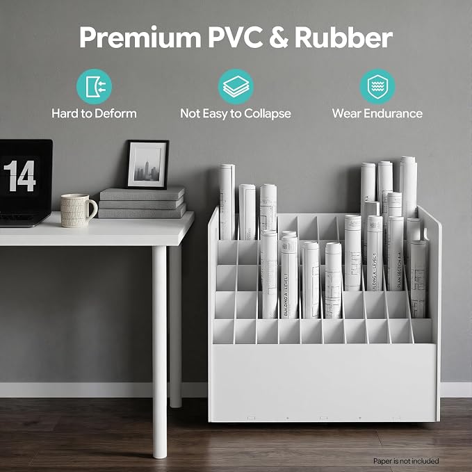 Blue Print Storage Organizer with Wheels, 50 Slots Roll Files Cart, White | Mobile Blueprint Storage Rack Cart, Construction Plan Holder, Map Poster Storage Cabinet for Office Home School