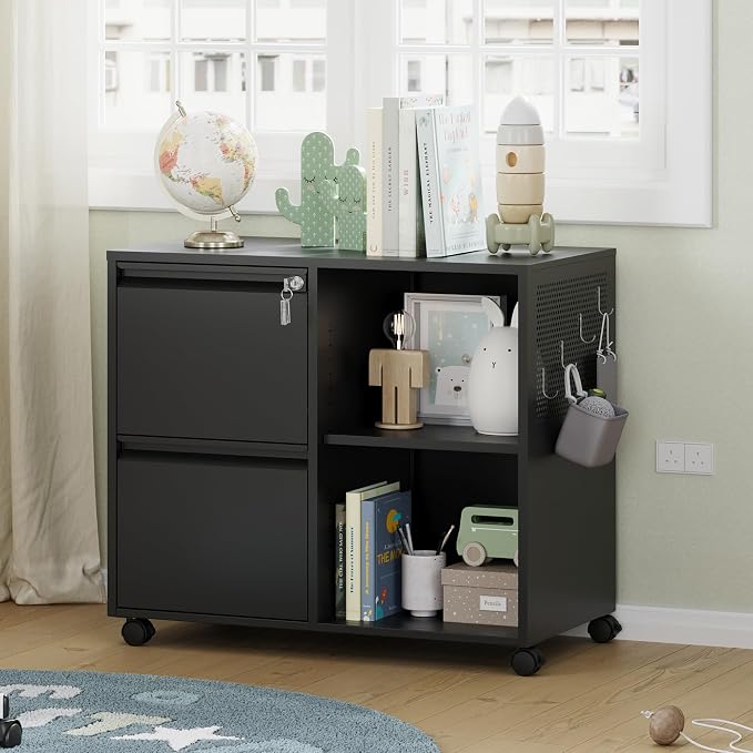 Mobile File Cabinet, Metal Lateral Rolling Printer Stand Filing Cabinets with Shelves for Home Office-Storage A4/F4 (Black)