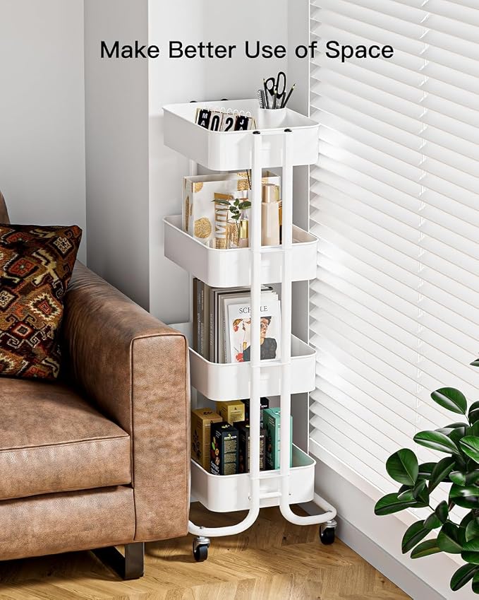 Pipishell 4 Tier Metal Rolling Utility Cart with 2 Lockable Wheels, White | 360° Rotating Wheel, Heavy-Duty Steel, Sturdy Dual Columns, Ventilated Mesh, Hold 22 lbs per Shelf, for Kitchen & Living Room