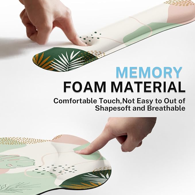 Ergonomic Mouse Pad Set with Wrist Rest, Boho Leaves | Green Non-Slip Rubber Base Wrist Cushion Support and Coasters Mousepad with Wrist Support for Computer Keyboard