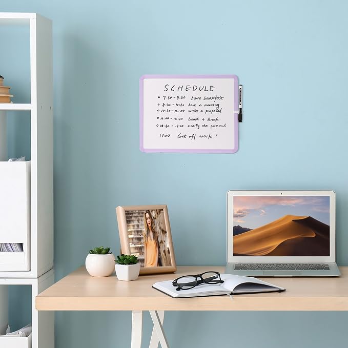 Mr. Pen- Dry Erase Board, 14” x 11” with a Black Dry Erase Marker | Purple Frame, Small Mini White Board for Students, Fridge, Wall, Locker, Includes Double Sided Tapes