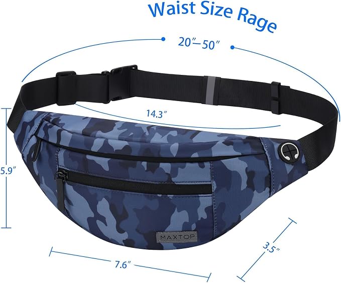 MAXTOP Large Fanny Pack Cross Body Bag Camo Belt Bag with Headphone Jack | Lightweight,4-Zipper Pockets, Adjustable Straps,Idea for Sports Workout Traveling Running Casual