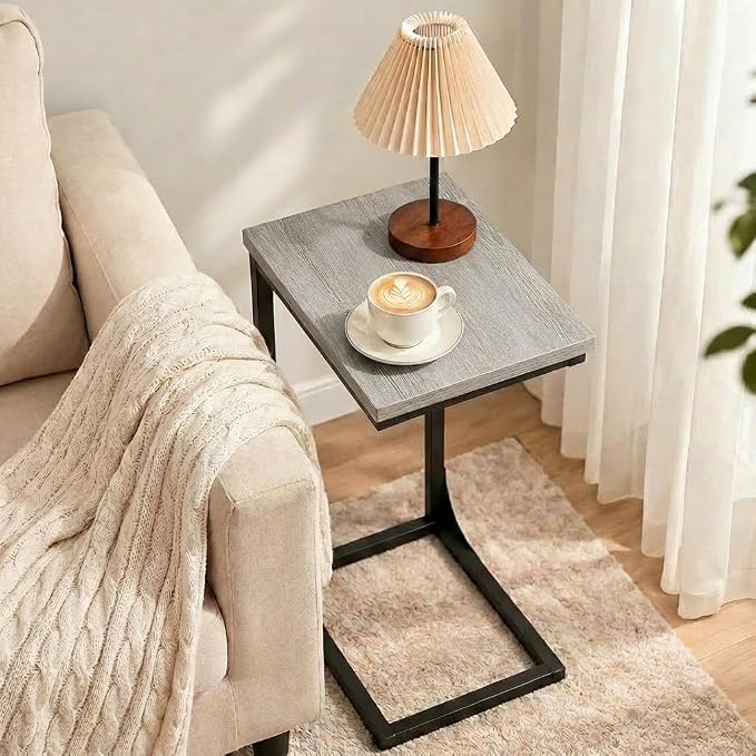 TEMI C Shaped End Table for Couch with Charging Station, Small Side Table TV Tray for Eating or Laptop, Accent Desk for Sofa or Chair, Space Saving Living Room Bedroom, Greige