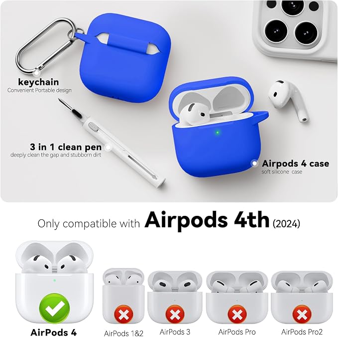 for AirPods 4 Case 2024 with Cleaner Kit & Keychain-Blue | Silicone Protective Cover for Apple AirPods 4th Generation Case,for Women Men,One-Piece Design,Shockproof,Dust Proof
