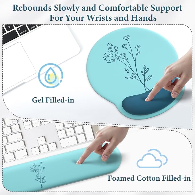 3 in 1 Ergonomic Mouse Pad and Keyboard Wrist Rest with Coaster Set-Blue | Cute Large Mousepad with Gel Wrist Support for Gaming Computer Laptop Women Office Home Desk Decor