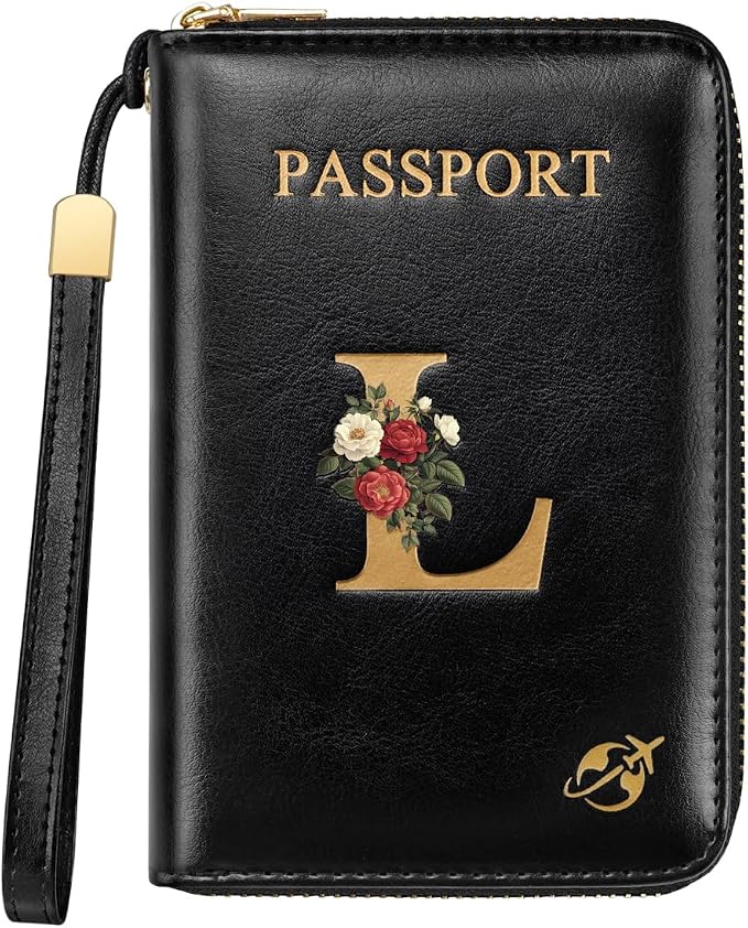 Passport Holder for Travel Personalized Wallet with Wristlet Women | Passport Cover, RFID Blocking, Passport Book Holders, Back Coin Pocket, Zipper Closure, Roses Initial Letter, Black L