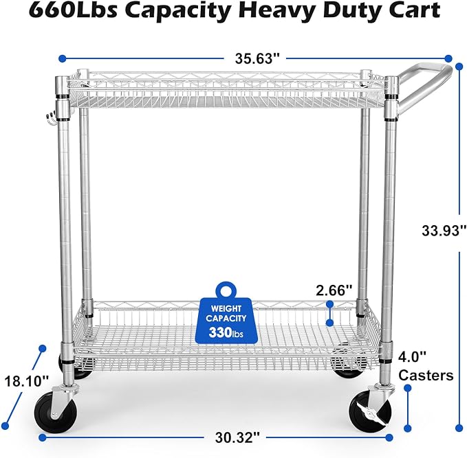 Heavy Duty 2 Tier Rolling Cart, NSF Listed, 660Lbs Capacity, Commercial Grade Metal, 35.63"x18.1"x33.93"