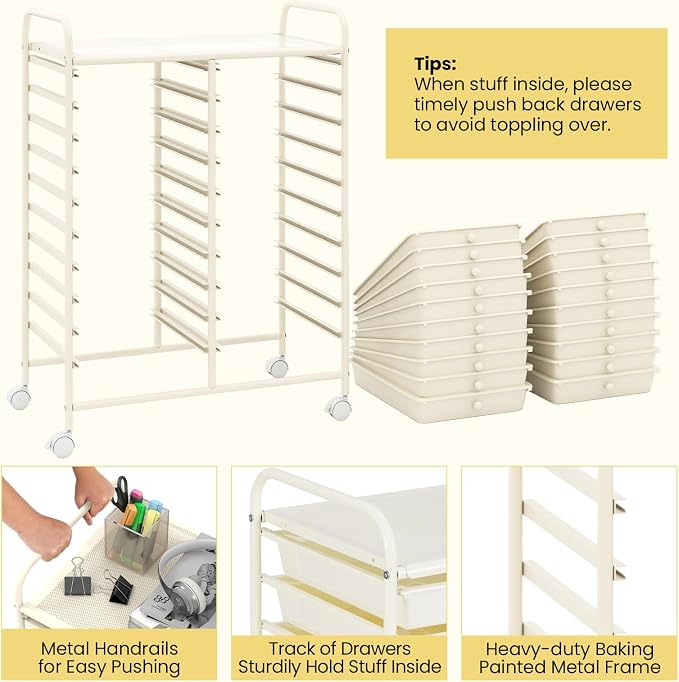 COSTWAY 20-Drawer Rolling Storage Cart, Utility Storage Organizer Cart | For Tools, Scrapbook, Paper, Craft, Multipurpose Storage Trolley on Wheels for Home Office School (Ivory White)