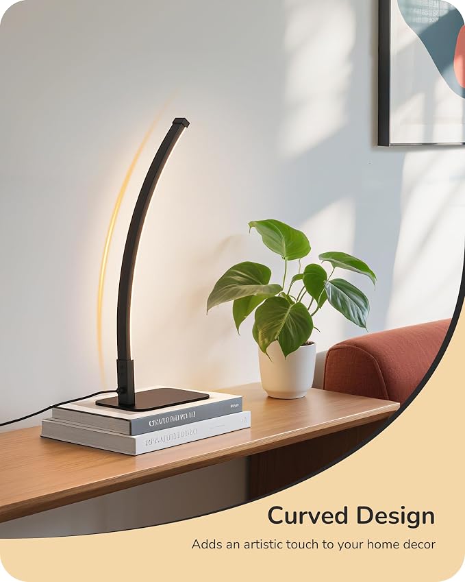 EDISHINE Curved LED Table Lamp, Modern Bedside Lamps for Bedroom, Black | 3 Color Temperature & Stepless Dimming, Aluminum & Iron, Silicone Lampshade, Ideal for Living Room, Office