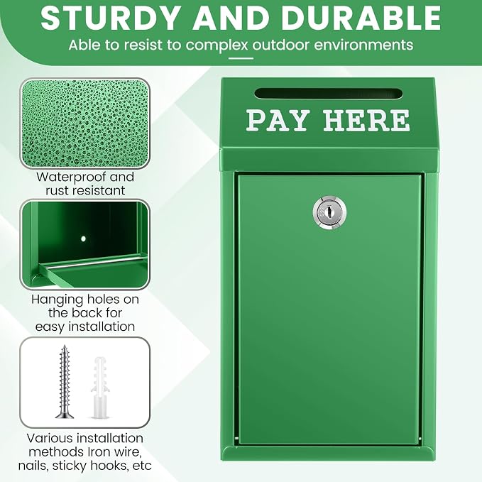 Yaocom Safe Metal Cash Box for Farm Stand – Money Drop and Secure Donation Collection, Wall Mount Lockable Unit with Pre Drilled Holes for Outdoor Self Serve(Green,10.2 x 5.7 x 2.8 Inch)