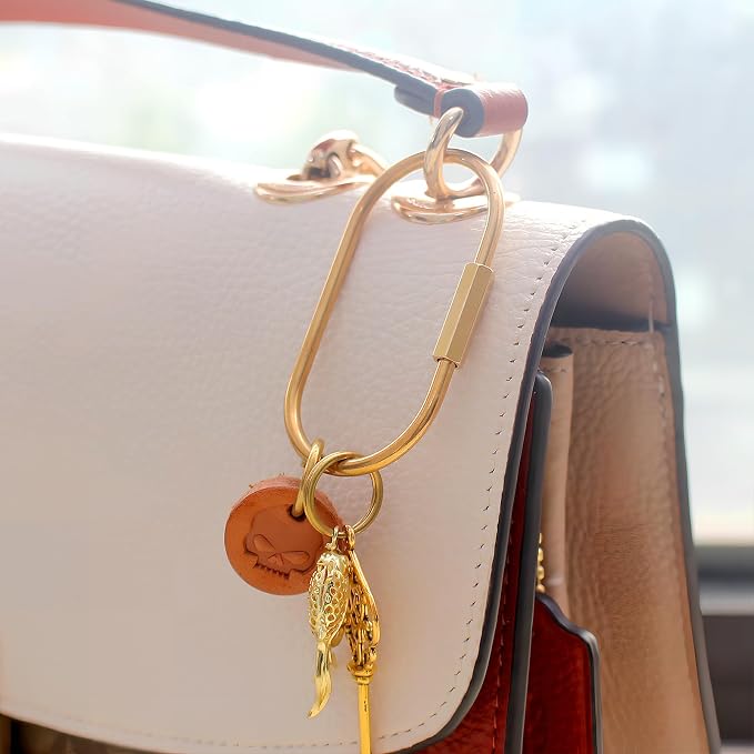 Carabiner Keychain Clip with Lock, Gold Key Chain Rings, Purse Bag Charms | Durable Carabiner for Keys, Brass Screw Lock Key Holder, Anti-Lost Oval Keyring Clip, Large Capacity Key Holder for Handbag
