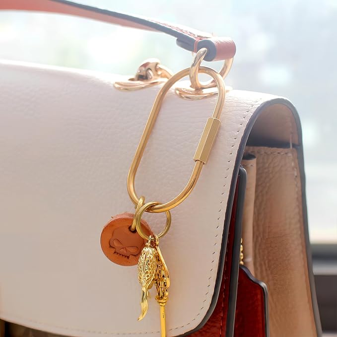 Carabiner Keychain Clip with Lock, Gold Key Chain Rings, Purse Bag Charms | Durable Carabiner for Keys, Brass Screw Lock Key Holder, Anti-Lost Oval Keyring Clip, Large Capacity Key Holder for Handbag