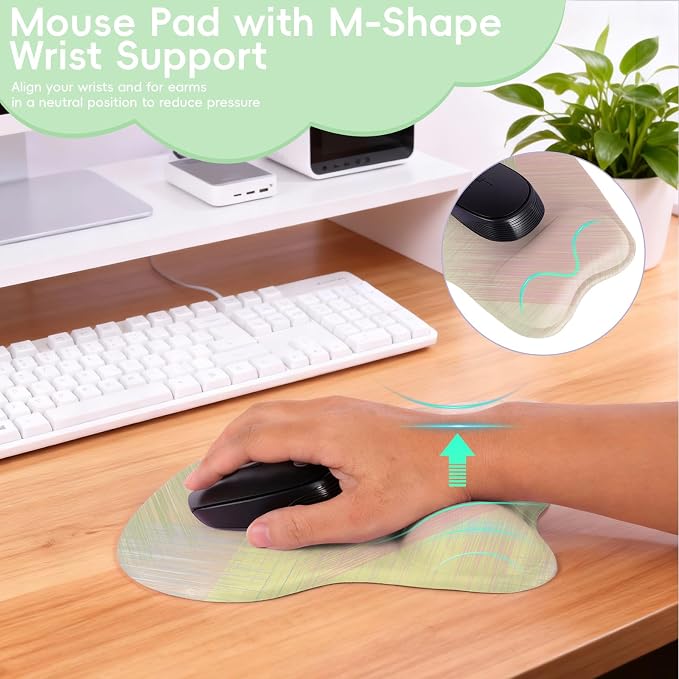 Mouse Pad with Wrist Rest Ergonomic Mouse Pad with Comfortable M-Shape Pain Relief Wrist Support Non-Slip PU Base Mousepad for Laptop, Office & Home (Pink Olive Painting)