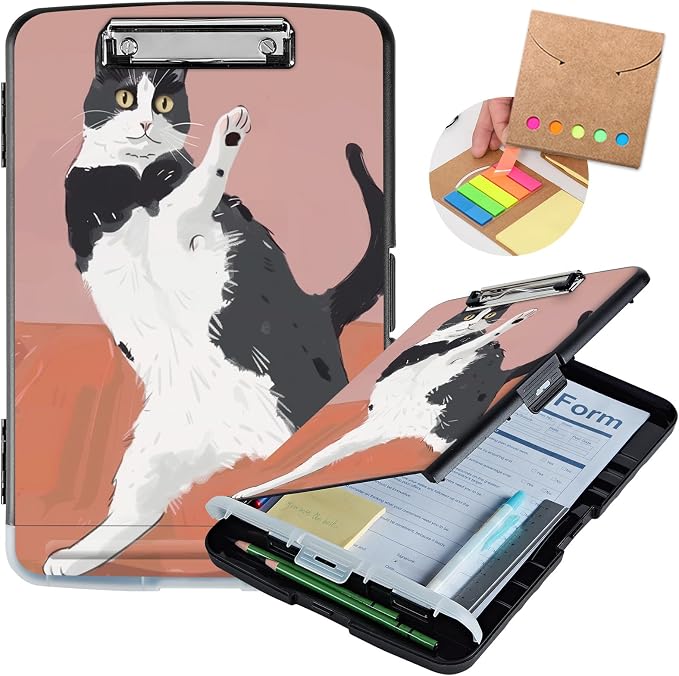 Clipboard with Storage,Storage Clipboard with Pen Holder,Heavy Duty Plastic Storage Clipboard with Low Profile Clip,Teacher Must Haves,Clipboard Folder,Office Supplies,Black and red Cat -1332