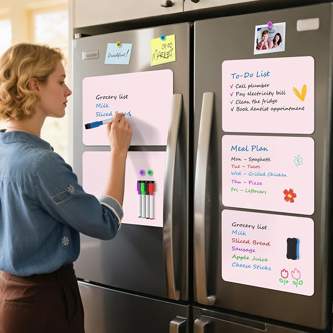 MaxGear Magnetic Whiteboard for Fridge 12x8 Pink 5 Pack | Strong Magnet, Dry Erase, Reusable, Easy Clean, Stain Resistant, Meal Planner, Grocery List, Family Notes, Kitchen Organizer