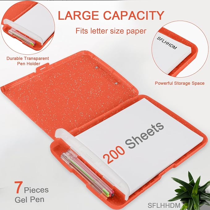 Glitter Clipboard with Storage,Storage Clipboard with Pen Holder,A4 Binder Clip Boards 8.5x11 with Low Profile Clip,Side Opening Sparkle Clipboards, Clipboards Folder for Office Supplies-Orange