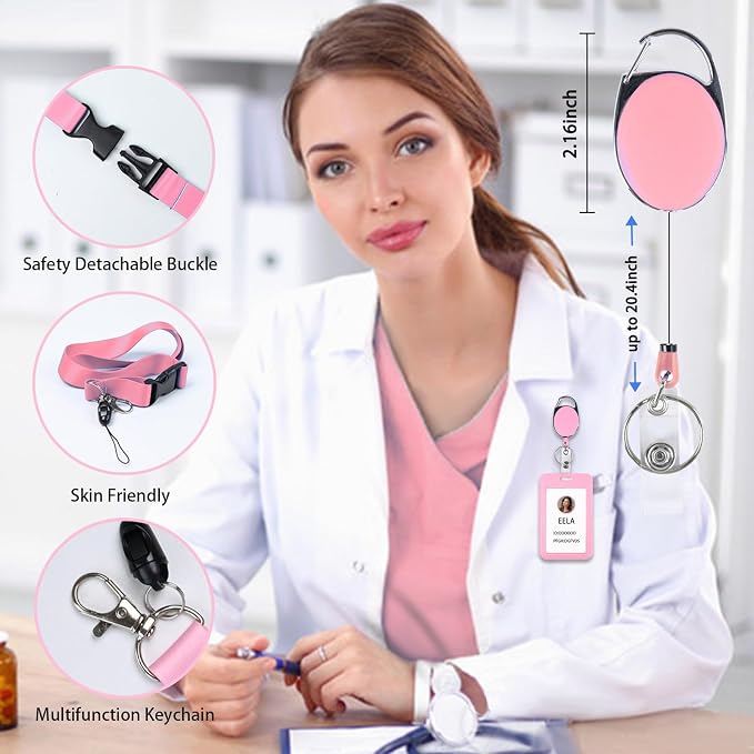 Pink ID Badge Holder with Lanyard, Retractable Badge Holders Reels and Lanyards Release Buckle, for Women Kids Office Nurses Teacher Doctor Student
