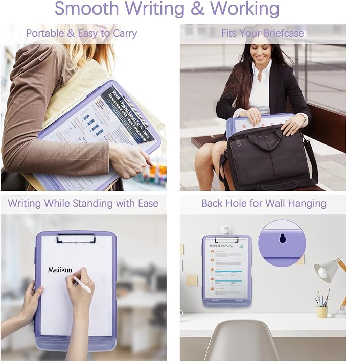 Meiikun Clipboard with Storage, Plastic Clipboards 8.5x11 with Pen Holder, High Capacity Nursing Clipboard Folder, Side Opening Storage Clip Board for Office Work Nurses Teachers (Light Purple)
