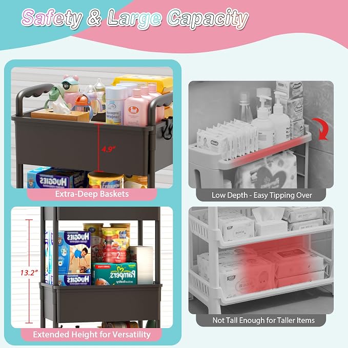 SUNALLY Baby Diaper Caddy Cart,3 Tier Rolling Diaper Cart for Nursery | Large Capacity & Easy Assemble Diaper Storage Organizer with Lockable Wheels for Newborn, New Mom, Baby Girl Boy Essentials