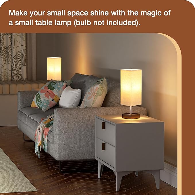 aooshine Browm Small Bedside Lamp for Bedroom - Square Beige Fabric Shade | Inline Rocker Switch, Corded Electric, Bulb Not Included, 12.8" Mini Table Lamp for Nightstand, Desk, Dorm, Office