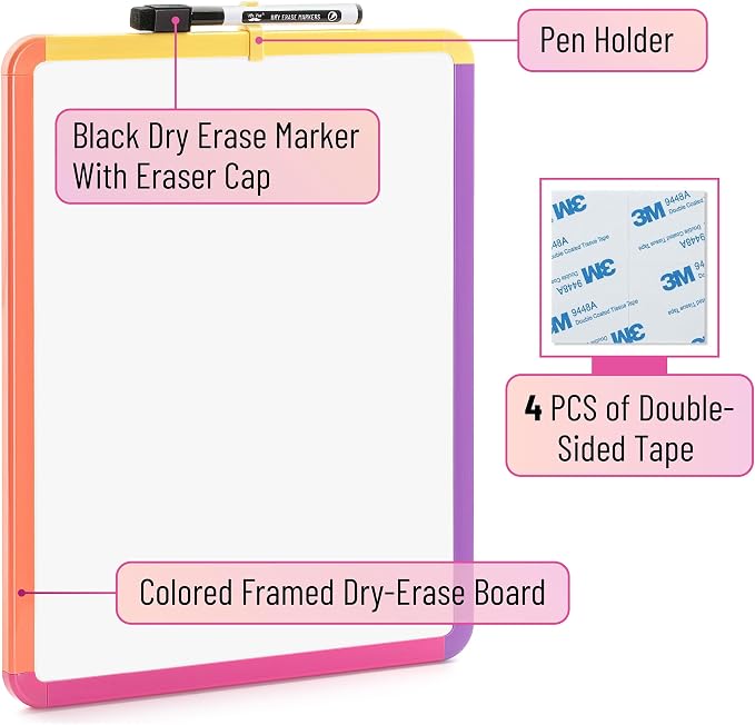 Mr. Pen- Dry Erase Board, 14” x 11” with a Black Dry Erase Marker | Colorful Frame, Small Mini White Board for Students, Fridge, Wall, Locker, Includes Double Sided Tapes