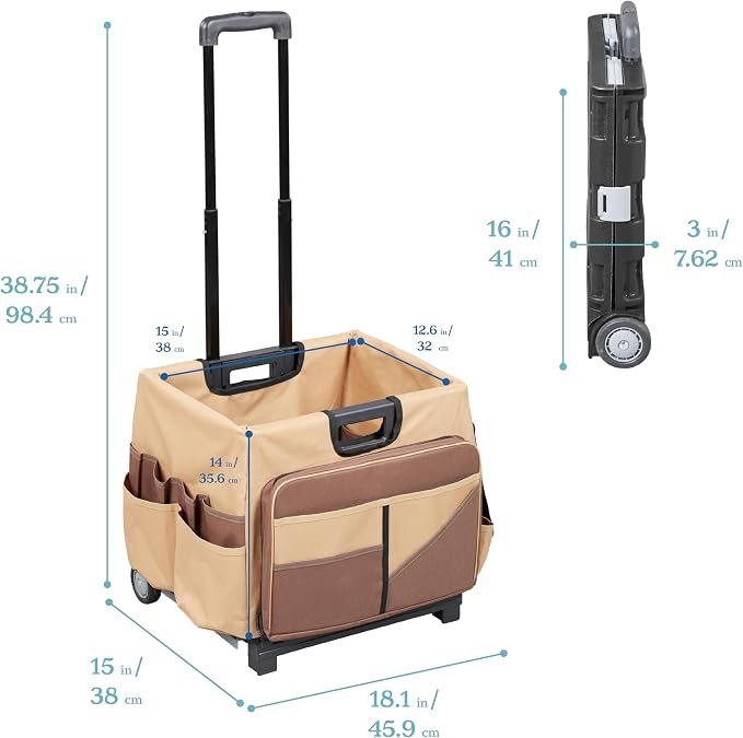 ECR4Kids Universal Rolling Cart with Canvas Organizer Bag, Mobile Storage, Dark Grey/Grey | Durable plastic, 30 compartments, adjustable handle, 40 lb capacity, collapses to 3" thick, rolling wheels for easy transport
