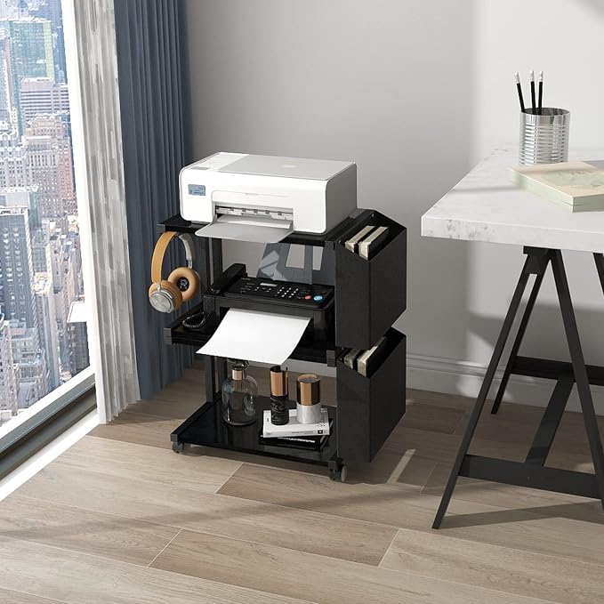 VEDECASA 2 Tier Black Printer Stand with Storage Bag for Home Office Desktop Printer Table Underdesk Organizer Mobile Printer Shelf with Caster Wheel (Black)
