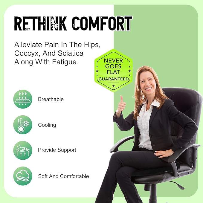Air Fiber Office Chair Cushion - Ergonomic Seat Cushion for Orthopedic Coccyx, Relief Hip & Back Support - Doctor Recommended Cushion for Long Sitting Worker Driver & Handicapped (Black)
