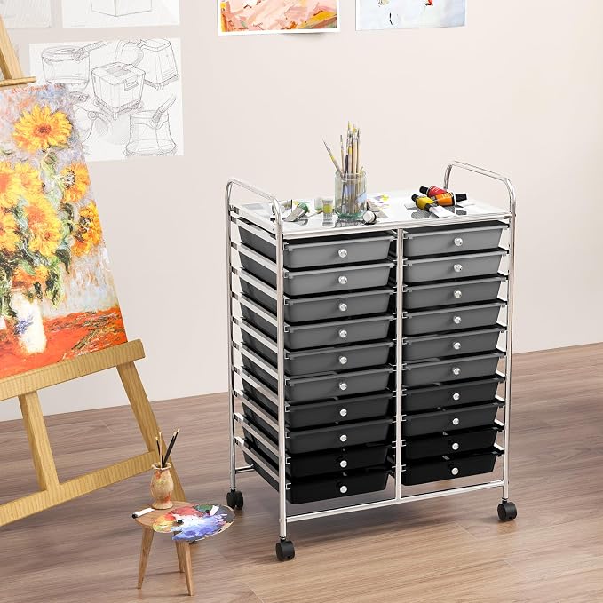COSTWAY 20-Drawer Rolling Storage Cart, Utility Storage Organizer Cart | For Tools, Scrapbook, Paper, Craft, Multipurpose Storage Trolley on Wheels for Home Office School (Mixed Black)