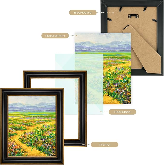 Golden State Art, 8x10 Black With Antique Gold Trim Color Picture Frame - Easel Stand, Sawtooth Hanger - Real Glass, Landscape, Portrait Display - Great for Postcards, Photographs