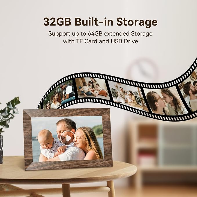 10.1 Inch Digital Picture Frame with 32GB Storage, WiFi Digital Photo Frame 1280x800 HD IPS Touchscreen, Easy Setup for Photo & Video Sharing via Free App, Brown Wood Grain