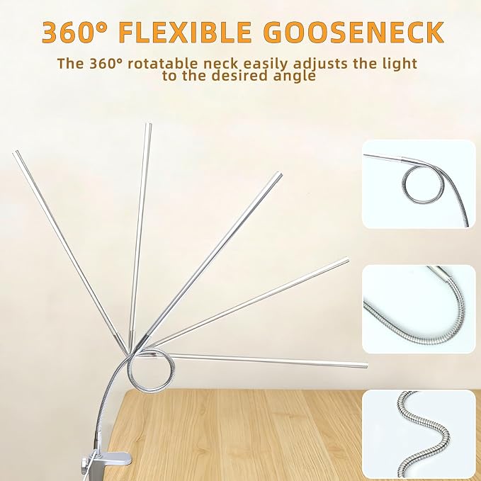 Space Aluminum LED Desk Lamp with Clamp Reading Study Desk Light | Clip on Light for 3 Modes 10 Brightness Flexible Gooseneck with USB Adapter Table Lamp for Home Office Computer Nail Work