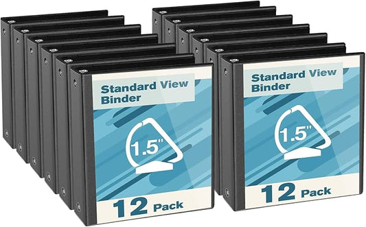 1.5-inch D Ring Binders, Fit US Letter Size Paper, 1-1/2" 3 Slant-D Ring Binder with 2 Pocekts, 12-Pack, Black