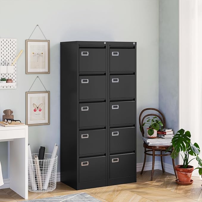 MIIIKO 5 Drawer File Cabinet, Black Vertical Filing Cabinets with Lock, Home Office File Folders Storage Cabinet for Letter Legal File Size.