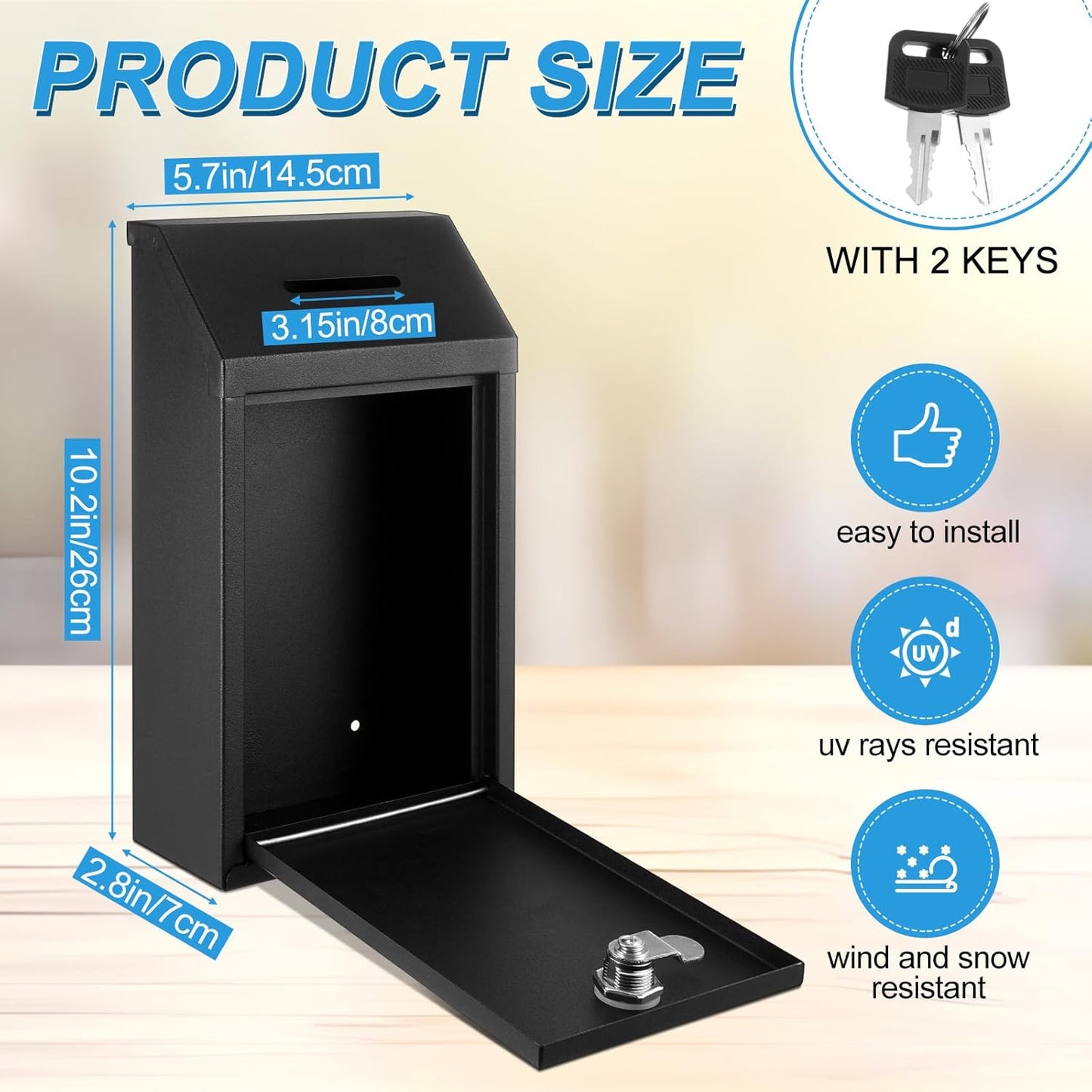 Metal Donation Cash Box Collection Safe Suggestion Box with Lock Wall Mounted Mailbox Delivery Ballot Container for Home Office Outdoor Door