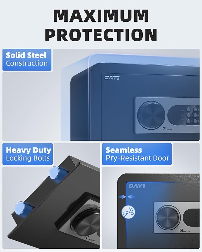 DAYI Safe Box, 1.2 Cu. Ft. Home Safes with Fireproof Bag for Laptop & Docs | Digital Keypad, Dual Alarm System, Solid Alloy Steel, Pry-resistant Door, LED Interior Light, For Office Hotel Use - D-22