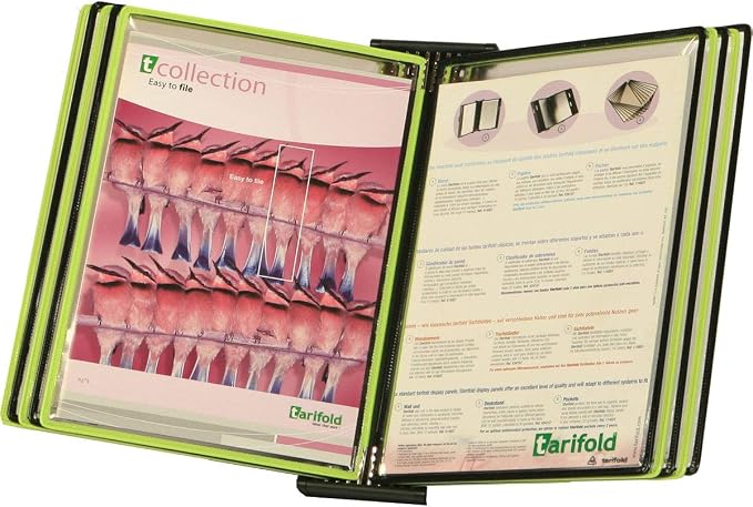 Tarifold Wall Mount Reference System, 10 Pockets, Expandable, Black | 10 double-sided PVC pockets hold 20 letter-size sheets, sturdy wall-mount bracket, snap-on index tabs, easy to install