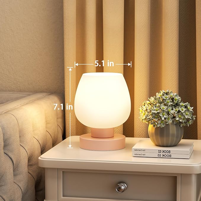 Seealle Pink Touch Table Lamp for Nightstand - Small Bedside Lamp for Bedroom Living Room Night Stands, Desk Lamp with White Glass Shade for Small Spaces, 3 Way Dimmable, LED Bulbs