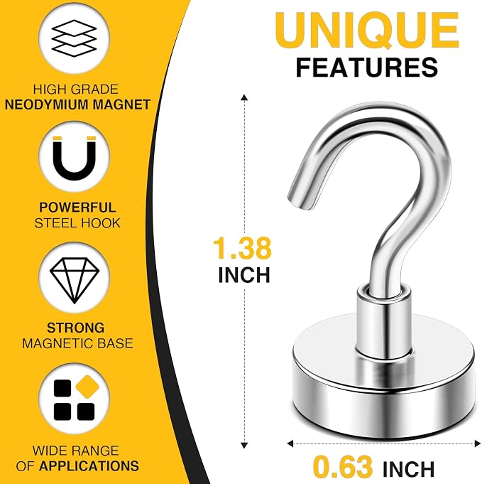 DIYMAG Magnetic Hooks, 30lbs 6pcs Cruise Cabin Essentials Heavy Duty N52 | Strong Neodymium Rare Earth Magnets, for Kitchen, Classroom, Beach, Cruise Cabins, Refrigerator, Hanging Key Clothes Wall Hat