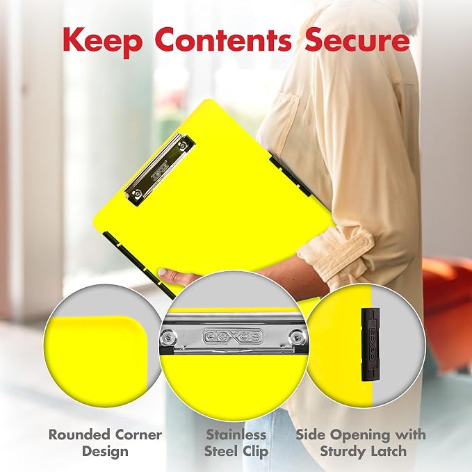 Dexas Slimcase 2 Plastic Clipboard with Storage and Side Opening, Neon Yellow, Office Supplies Clipboards to Organize, Carry and Store, A4 Holder, Style and Functionality Nursing Clipboard