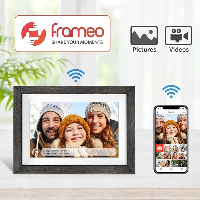 Frameo 10.1 inch Digital Picture Frame WiFi Smart Digital Photo Frame Wood | IPS HD 1280 * 800 1080P Touch Screen Auto-Rotate Easy Setup to use Free Share Photos and Videos Gift for mon Father Women