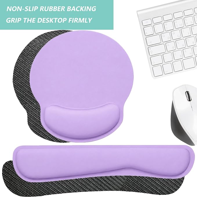 Keyboard Wrist Rest Pad Mouse Pad with Wrist Support Set of 3, Mousepad with Non-Slip Rubber Base, Ergonomic Memory Foam Mouse Wrist Cushion Support for Home Office Laptop Computer Gaming, Purple