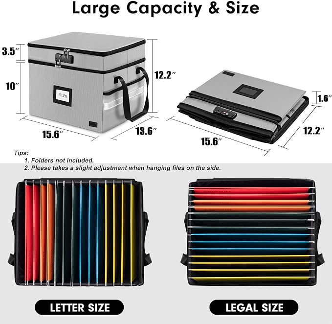 Fireproof File Oganizer with Lock, 2 Layer Fireproof Document Box Storage | Portable File Cabinet Storage Box with 5 Tab Inserts & Handle for Hanging Letter, Legal Size Folder, Certificate