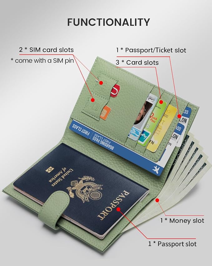 Karmiir RFID Slim Passport Holder for Women, Compact Leather Passport Wallet with Card Holders SIM Slots,Zippered Coins Pocket and Cash Compartment Travel Passport Cover Case, Light Green