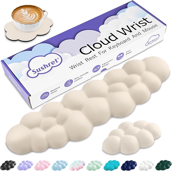 Cloud Wrist Rest Keyboard, Cloud Keyboard Wrist Pad Set with PU Leather Memory Foam, Cute Arm Rest for Palm Support, PC/Gaming Desk Accessories/Office Setup/Computer Hand Cushion - Beige